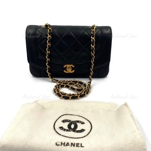 Authentic CHANEL Black Lambskin Small Diana Flap Bag Gold Hardware - Picture 2 of 12